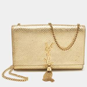 Saint Laurent Gold Snakeskin Embossed Leather Medium Kate Tassel Shoulder Bag