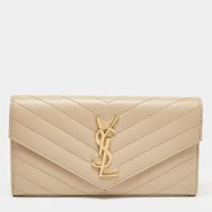 Saint Laurent Beige Matelassé Leather Monogram Flap Wallet