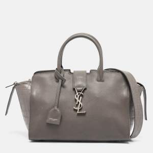 Saint Laurent Grey Croc Embossed and Leather Baby Downtown Cabas Tote