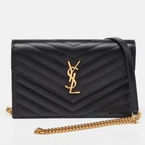 Saint Laurent Black Matelassé Leather Monogram Envelope Wallet on Chain