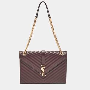 Saint Laurent Burgundy Chevron Leather Large Monogram Envelope Shoulder Bag