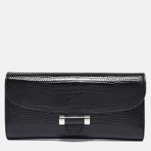 Saint Laurent Black Lizard Embossed Patent Leather Muse Clutch