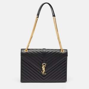 Saint Laurent Black Matelassé Leather Large Monogram Envelope Shoulder Bag