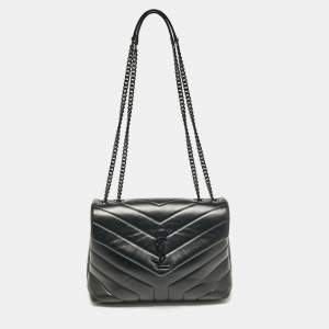 Saint Laurent Black Chevron Leather Small Loulou Shoulder Bag