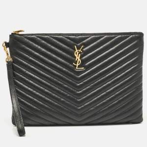 Saint Laurent Black Matelassé Leather Cassandra Tablet Pouch 