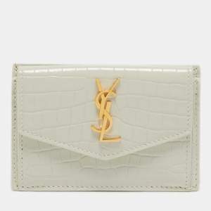 Saint Laurent Off White Croc Embossed Leather Uptown Flap Card Holder