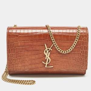 مملوكة مسبقًا Saint Laurent Brown Croc Embossed Leather Medium Monogram Kate Shoulder Bag