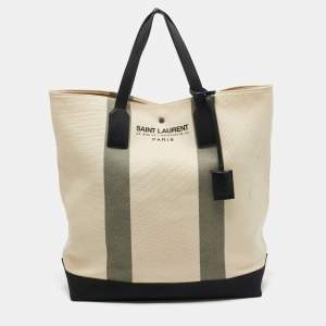 Saint Laurent Beige/Black Canvas and Leather East West Beach Tote