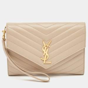 Saint Laurent Beige Matelassé Leather Cassandre Wristlet Pouch