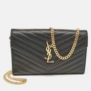 Saint Laurent Black Matelassé Leather Cassandre Envelope Chain Clutch