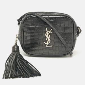 Saint Laurent Black Croc Embossed Leather Blogger Crossbody Bag