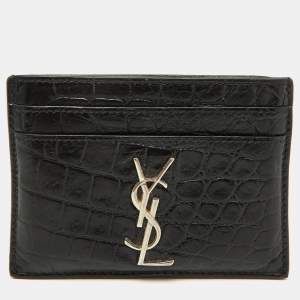 Saint Laurent Black Croc Embossed Leather Monogram Card Holder