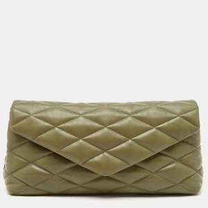 Saint Laurent Olive Green Quilted Leather Puffer Sade Envelope Clutch