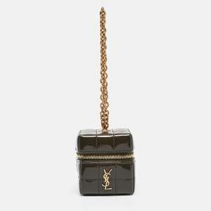 Saint Laurent Green Cube Quilted Patent Leather Mini Carré on Chain