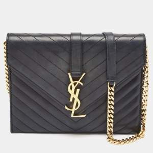 Saint Laurent Black Leather Monogram Envelope Chain Bag