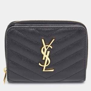 Saint Laurent Black Leather Monogram Zip Around Wallet