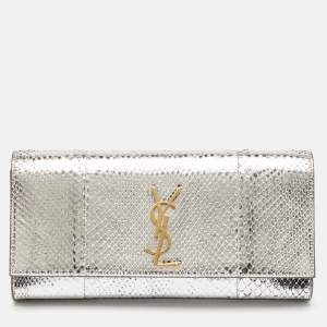 Saint Laurent Silver Python Kate Monogram Clutch