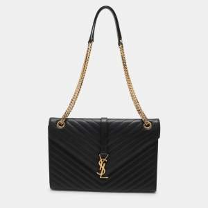 Saint Laurent Black Chevron Leather Large Monogram Envelope Shoulder Bag