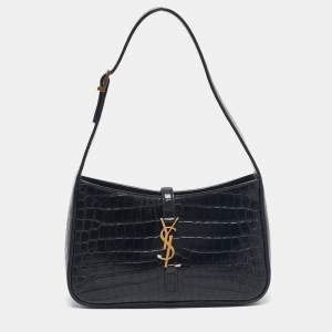 Saint Laurent Black Croc Embossed Leather LE 5 À 7 Shoulder Bag