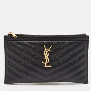 Saint Laurent Black Matelassé Leather Monogram Zip Pouch