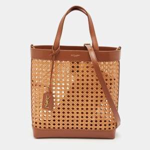 Saint Laurent Brown Woven Rattan and Leather Toy Tote