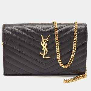 Saint Laurent Black Leather Matelasse Cassandre Envelope Wallet on Chain