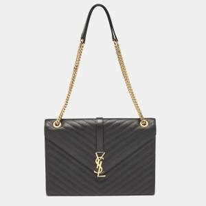Saint Laurent Black Chevron Leather Large Monogram Envelope Shoulder Bag