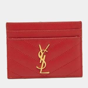 Saint Laurent Red Matelassé Leather Monogram Card Holder