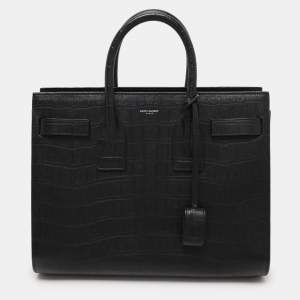 Saint Laurent Black Croc Embossed Leather Small Classic Sac De Jour Tote