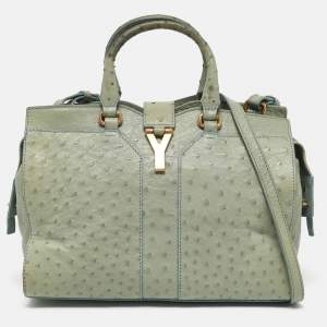 Yves Saint Laurent Light Green Ostrich Leather Small Ligne Y Cabas Chyc Tote