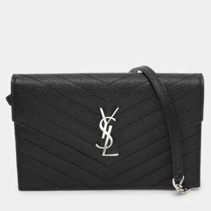Saint Laurent Black Cassandre Matelassé Leather Wallet On Chain