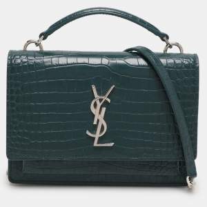 Saint Laurent Paris Green Croc Embossed Leather Sunset Crossbody Bag