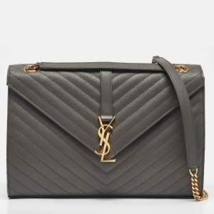 Saint Laurent Grey Chevron Leather Large Monogram Envelope Shoulder Bag