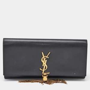Saint Laurent Black Leather Cassandre Tassel Flap Clutch