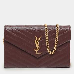 مملوكة مسبقًا Saint Laurent Burgundy Matelassé Leather Cassandre Envelope Wallet on Chain