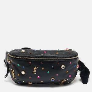 Saint Laurent Black Leather Crystal Embellished Monogram Belt Bag