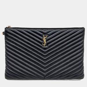 Saint Laurent Paris Black Leather Monogram Clutch