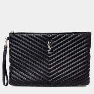 Saint Laurent Paris Black Leather Monogram Clutch