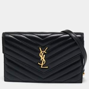 Saint Laurent Black Matelassé Leather Cassandre Envelope Wallet on Chain