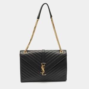Saint Laurent Black Matelassé Leather Large Monogram Envelope Shoulder Bag