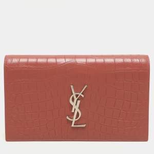 Saint Laurent Nude Rose Croc Embossed Leather Monogram Clutch 