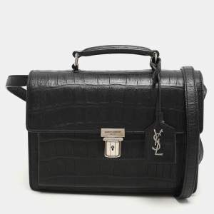 Saint Laurent Black Croc Embossed Leather High School Top Handle Bag