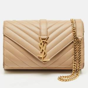 Saint Laurent Beige Chevron Leather Monogram Envelope Shoulder Bag
