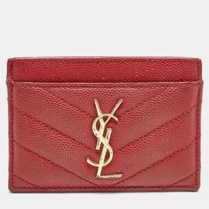 Saint Laurent Red Matelassé Leather Monogram Card Holder