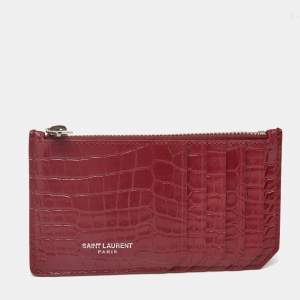 Saint Laurent Burgundy Croc Embossed Leather Zip Card Holder