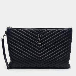 مملوكة مسبقًا Saint Laurent Paris Black Leather Monogram Clutch