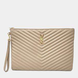 Saint Laurent Paris Beige Leather Monogram Clutch