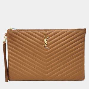 Saint Laurent Paris Brown Leather Monogram Clutch