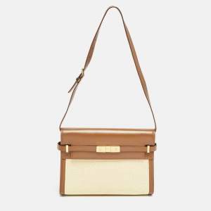 Saint Laurent Brown/Natural Raffia and Leather Manhattan Shoulder Bag