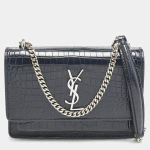Saint Laurent Navy Blue Croc Embossed Leather Sunset Wallet On Chain